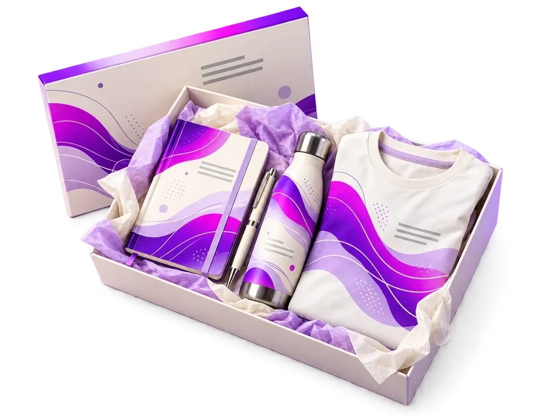 Coffret cadeau ouvert contenant carnet, stylo, gourde et t-shirt