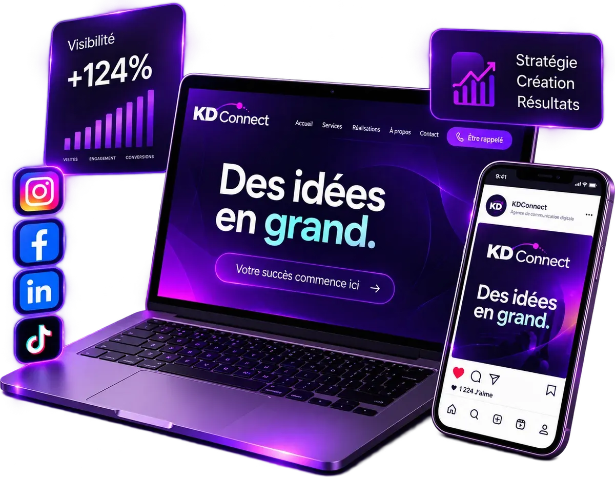 Ordinateur portable et téléphone affichant un site et une publication KD Connect, entourés des logos des réseaux sociaux