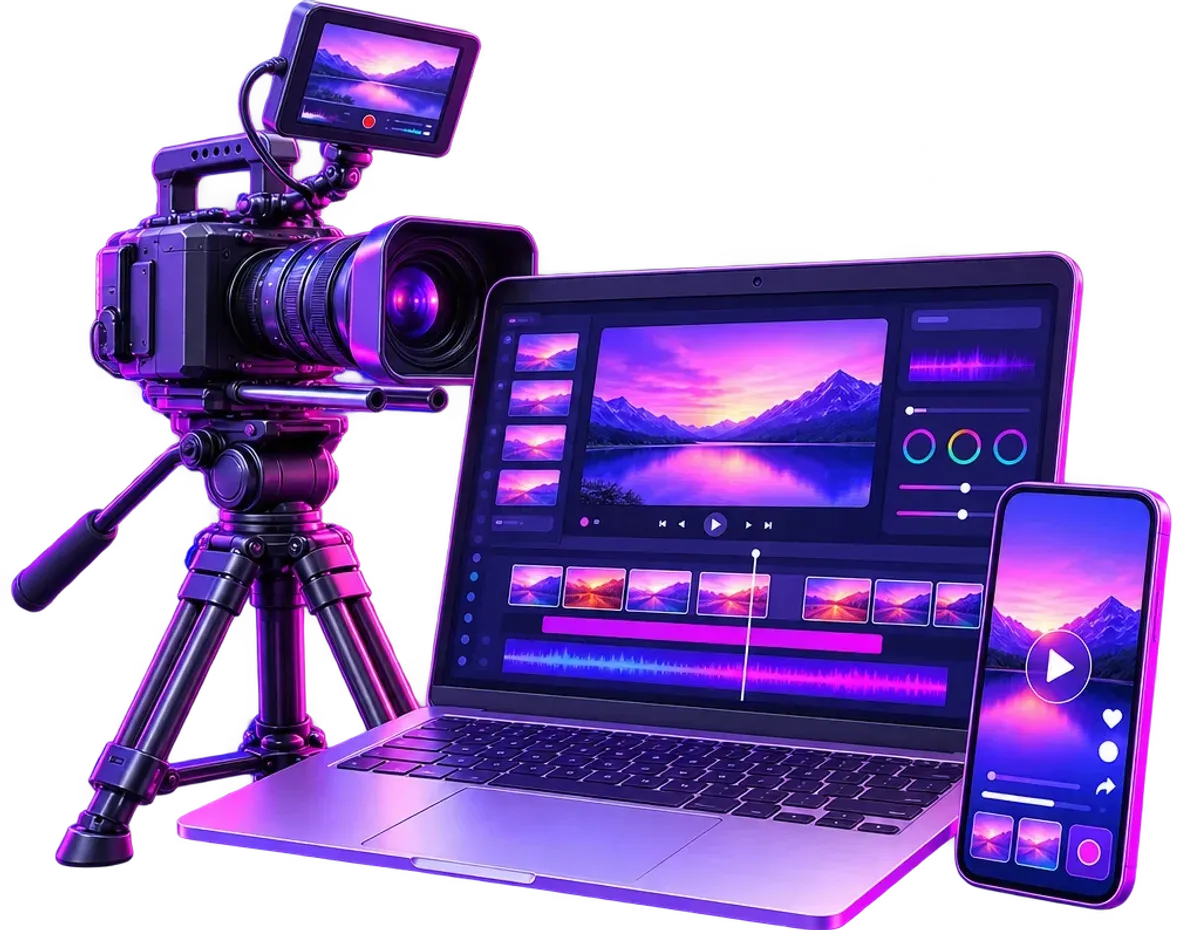 Caméra de tournage, ordinateur affichant une timeline de montage et téléphone lisant une vidéo courte