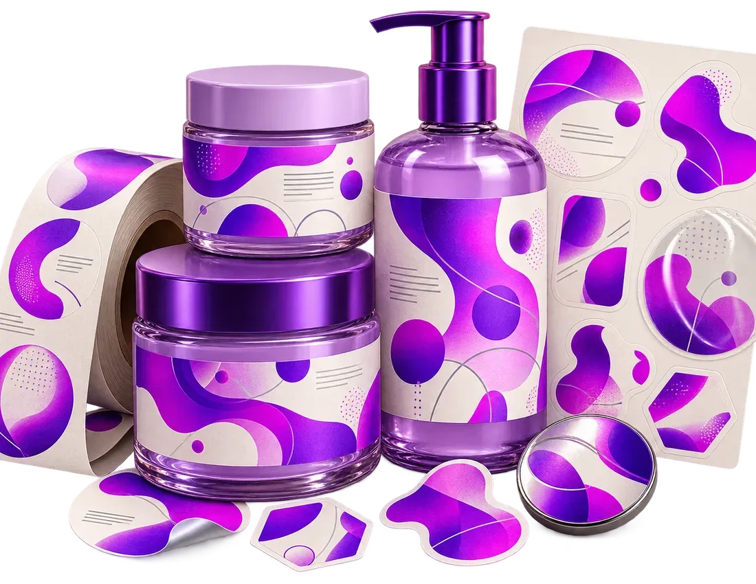 Pots et bouteille étiquetés, rouleau d’étiquettes et stickers découpés