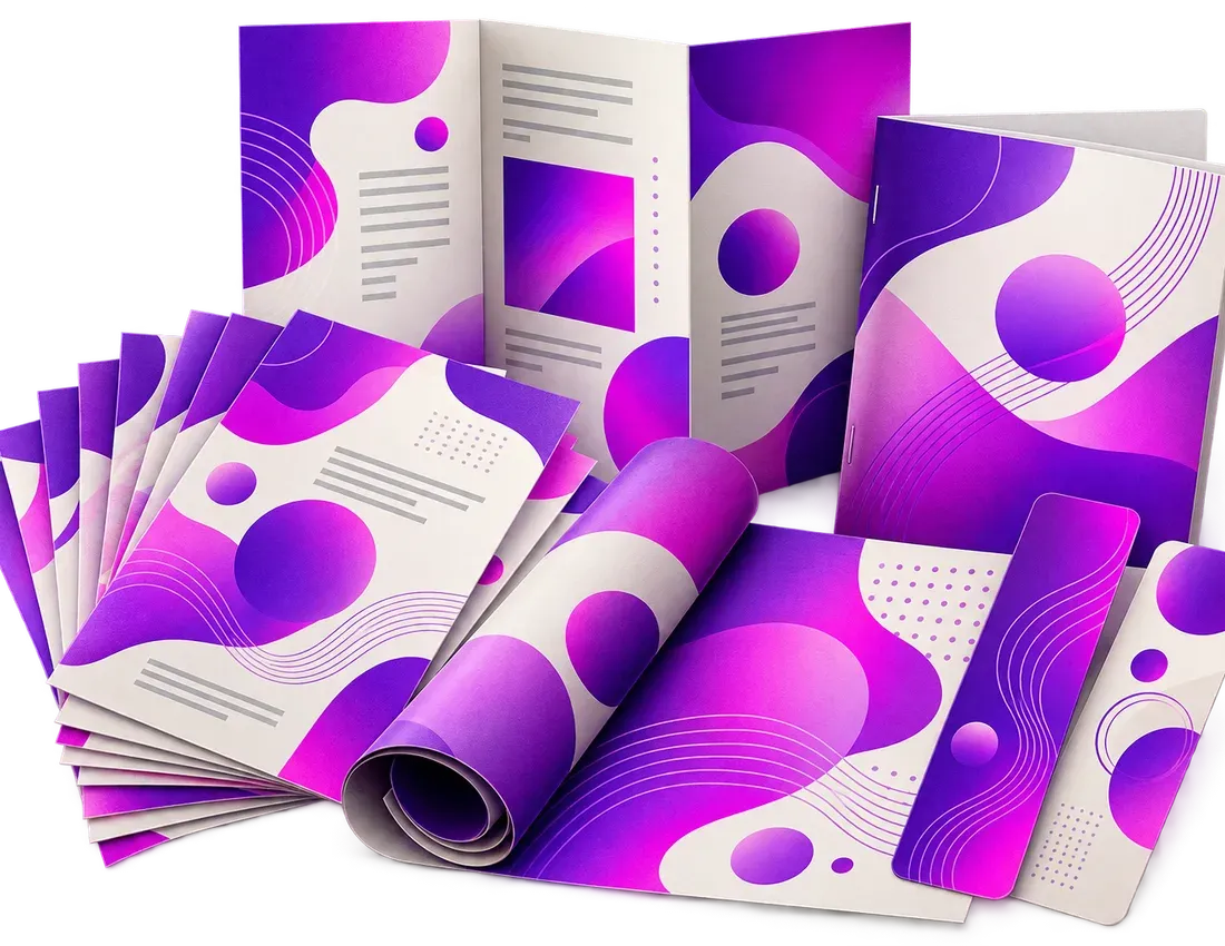 Flyers, dépliant ouvert et brochure agrafée en éventail
