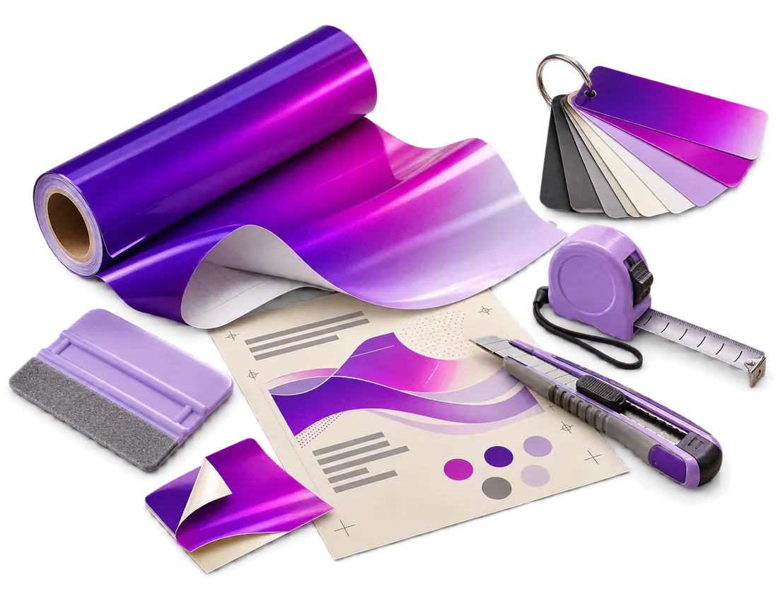 Raclette de pose, rouleau de vinyle violet, cutter, mètre ruban et nuancier