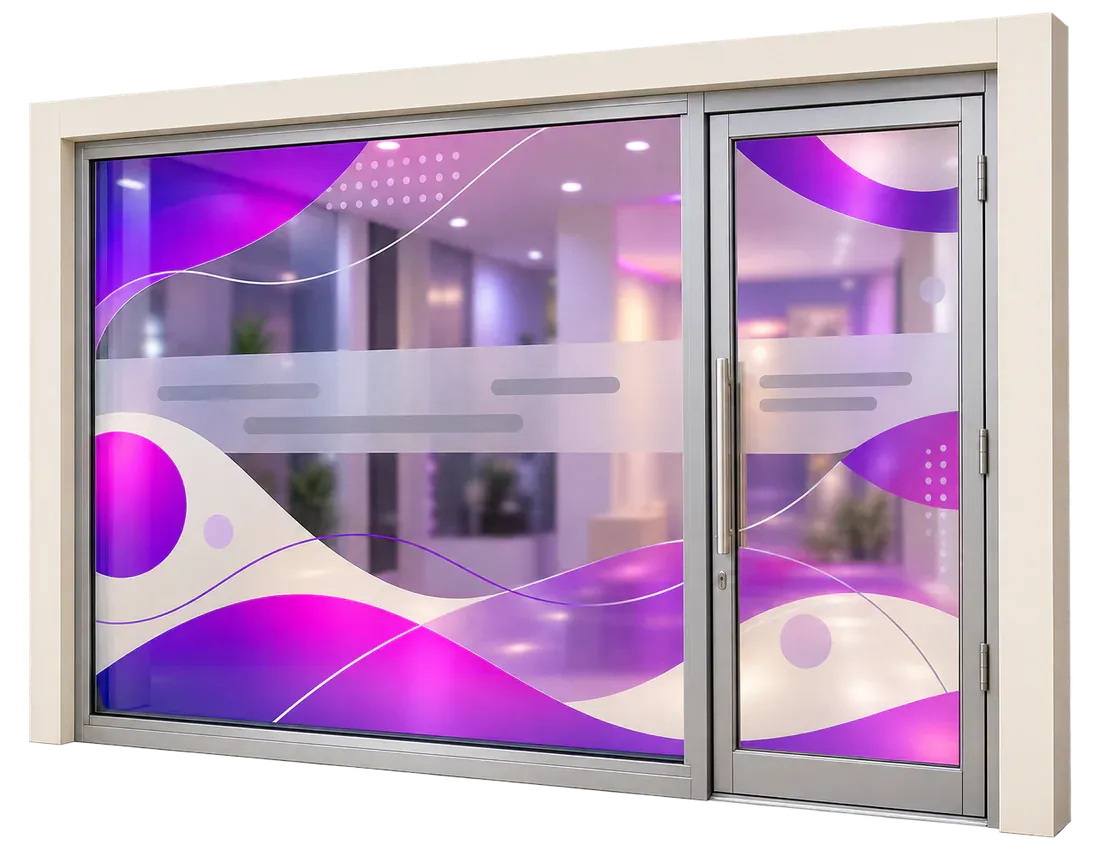 Devanture de commerce aux vitres habillées d’adhésifs violets et magenta