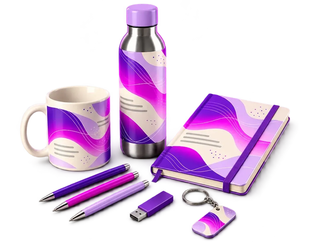 Mug, gourde, stylos, carnet, clé USB et porte-clés à un même logo