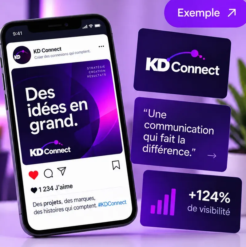 Téléphone affichant une publication de marque entourée de visuels assortis