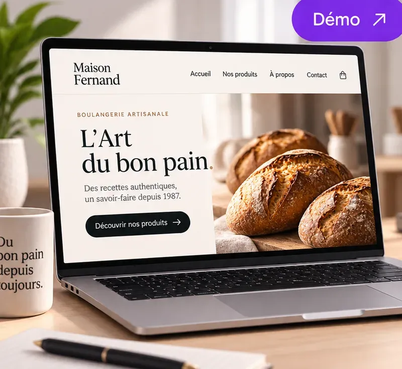 Ordinateur portable affichant le site d’une boulangerie artisanale