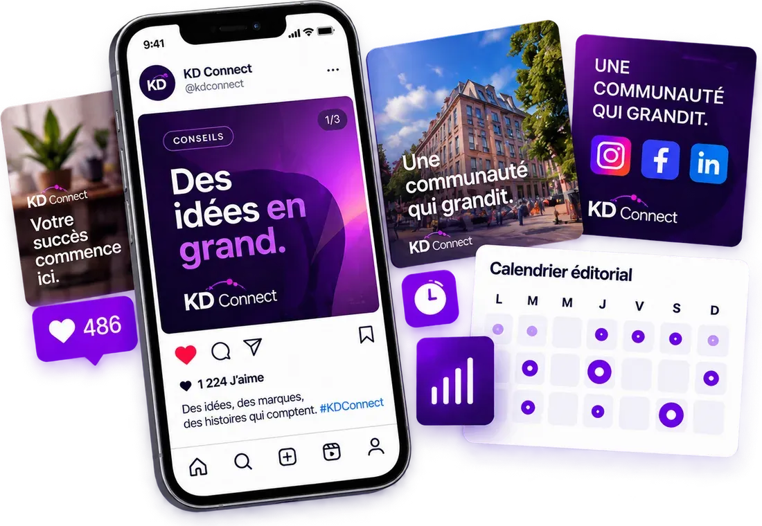 Téléphone affichant une publication KD Connect, entouré de visuels de marque et d’un calendrier éditorial