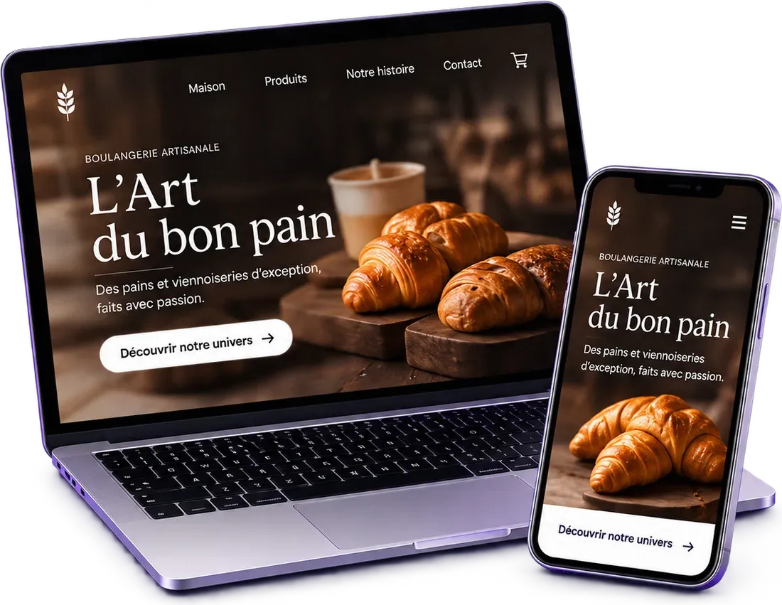Ordinateur portable et téléphone affichant le site d’une boulangerie artisanale