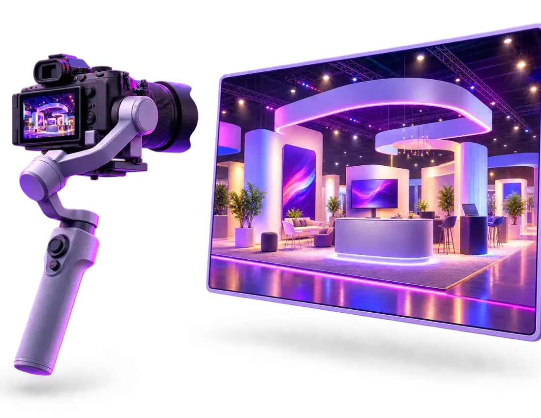 Caméra sur stabilisateur filmant un stand de salon professionnel