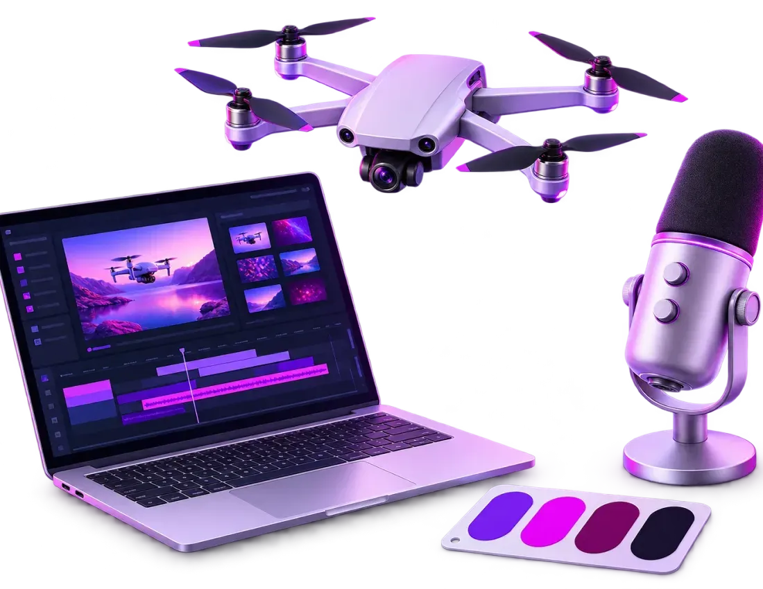Drone, micro de voix off et ordinateur affichant une timeline de montage