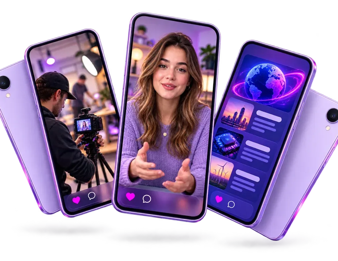 Trois téléphones affichant des vidéos verticales pour les réseaux sociaux